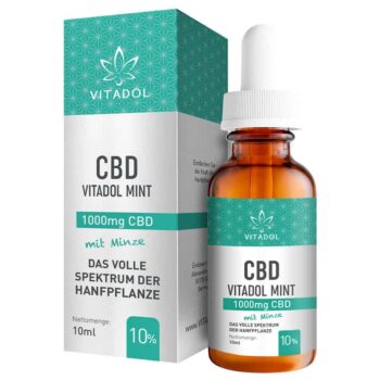 Vitadol Bio Mint - Flasche und Verpackung, Erlebe erfrischenden Minzgeschmack und hochwertige CBD-Qualität mit 10 % CBD und natürlichen Inhaltsstoffen.