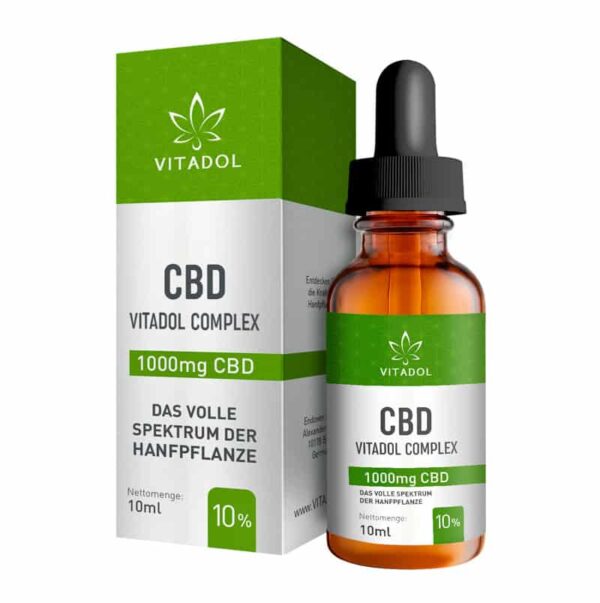 Vitadol Complex Bio CBD Öl – Flasche und Verpackung, 1.000 mg CBD,Vollspektrum-CBD-Öl CBC, CBN und Bio-Hanfsamenöl