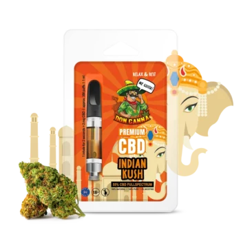 DON CANNA® CBD Vape Liquid 55% - Indian Kush Verpackung, Hochwertiges CBD-Erlebnis mit erdigen Aromen für pure Entspannung nach einem langen Tag.