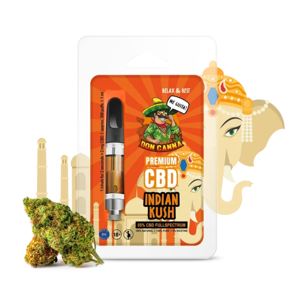 DON CANNA® CBD Vape Liquid 55% - Indian Kush Verpackung, Hochwertiges CBD-Erlebnis mit erdigen Aromen für pure Entspannung nach einem langen Tag.