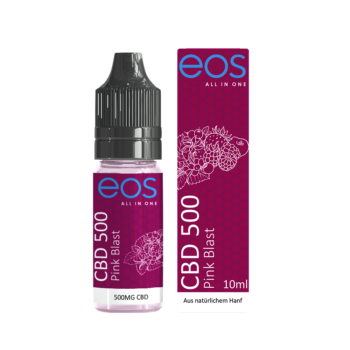 Pink Blast CBD E-Liquid - Flasche und Verpackung, 500mg CBD, fruchtiges Dampferlebnis mit roten Waldbeeren