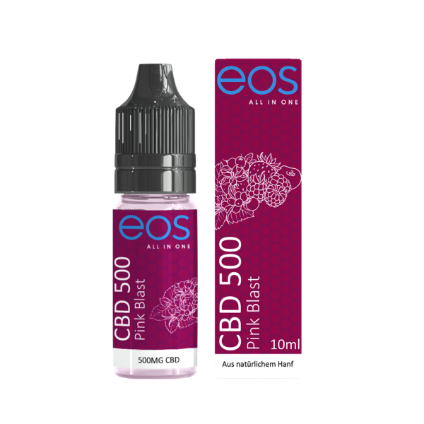 Pink Blast CBD E-Liquid - Flasche und Verpackung, 500mg CBD, fruchtiges Dampferlebnis mit roten Waldbeeren