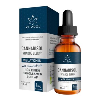 Vitadol Sleep Cannabisöl-Flasche und Verpackung, bietet eine natürliche Kombination aus Bio-Hanfsamenöl und Melatonin für erholsamen Schlaf ohne Zusatzstoffe.