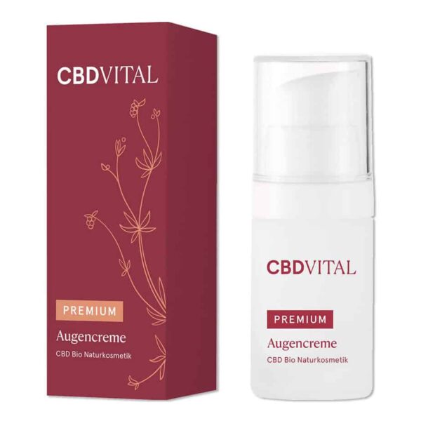 CBD Vital CBD Augencreme - Flasche und Verpackung, bietet natürliche Pflege für strahlende Augen, glättet die Haut und spendet intensive Feuchtigkeit.