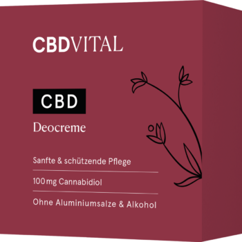 Elegante rote Verpackung der CBD Vital Deocreme Zitrone - 100 ml mit 100 mg Cannabidiol, sanfter Pflege und ohne Aluminium oder Alkohol.