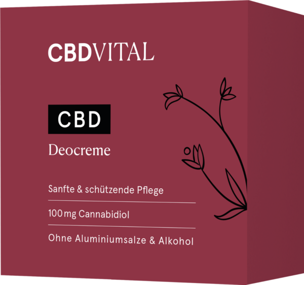 Elegante rote Verpackung der CBD Vital Deocreme Zitrone - 100 ml mit 100 mg Cannabidiol, sanfter Pflege und ohne Aluminium oder Alkohol.