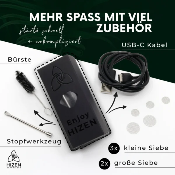 Hizen Vaporizer - Stilus Pro Konduktion - Zubehör, variante mit USB-C-Kabel, Bürste, Tamping-Tool und Sieben für den einfachen Start.