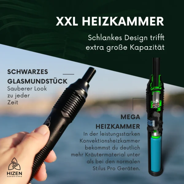 Hizen Vaporizer - Variante Stilus Pro Max - Vape mit Details, mit XXL-Heizkammer und schwarzem Glasmundstück.