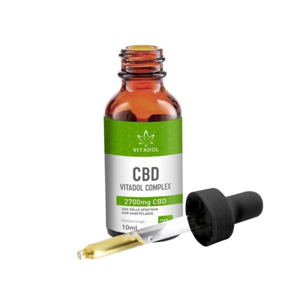 Vitadol Complex CBD Öl, 2700 mg CBD, offene Flasche, Vollspektrum-Öl mit CBDa, CBC und CBN, in Bio-Hanfsamenöl, THC-Gehalt