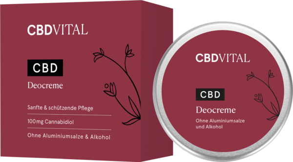 CBD Vital Deocreme Zitrone - Flasche und Verpackung, 100 ml - sanfte Pflege mit 100 mg Cannabidiol, ohne Aluminiumsalze und Alkohol, in stilvollem Design.