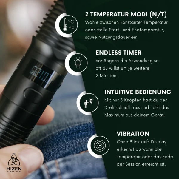 Hizen Vaporizer - Variante Stilus Pro Max - Vape mit details, mit 2 Temperaturmodi, endlosem Timer, einfacher Bedienung und Vibrationsfeedback für optimale Nutzung.