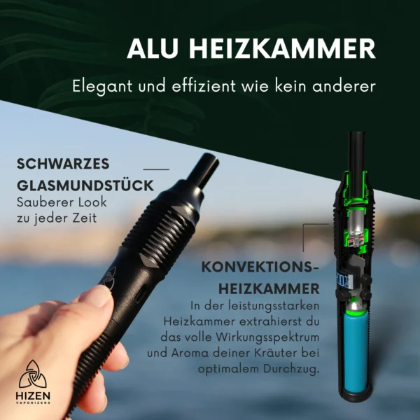 Hizen Vaporizer - Variante Stilus Pro Konduktion - Vape mit details, mit schlankem Design, schwarzem Glasmundstück und großer XXL-Heizkammer für mehr Kräuterkapazität.